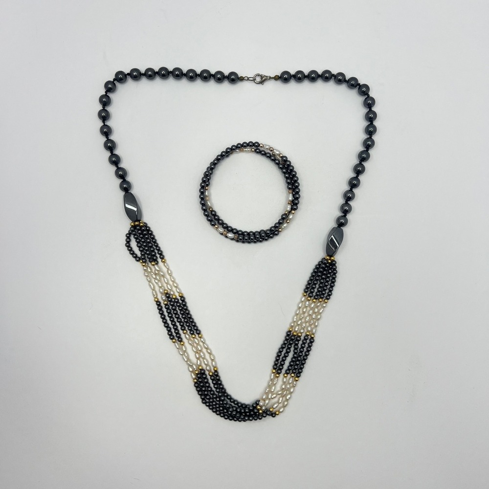 Vintage Hematite Freshwater Pearl Necklace and Bracelet Set Multi Strand Beaded